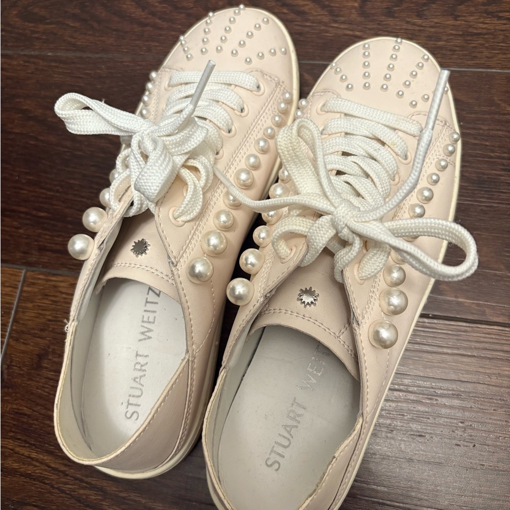 Stuart Weitzman Cream Pearl-Embellished Sneakers
